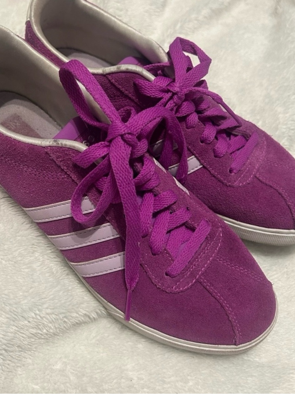 Vintage adidas Women's Magenta Suede Sneakers with Light Pink Stripes